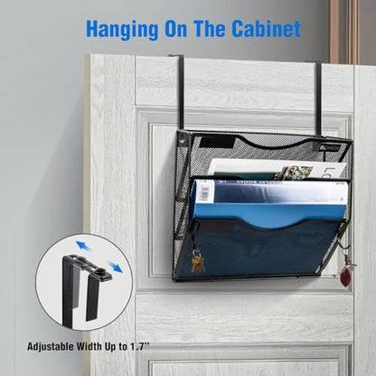 BOHDK Wall File Organizer, 3 Tire Hanging File Folder Mail Organizer, Vertical Mesh Metal Door/Wall Mount Hanging File Holder, Paper Document Magazine Rack with Hooks for Home Office Black