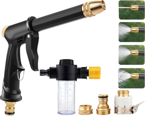 High Pressure Hose Nozzle with 4 Spray Modes, Adjustable Water Spray Gun, Metal Garden Hose Sprayer for Car Wash, Plant Watering, Patio & Outdoor Cleaning (Sprayer Kit with 3 Connectors & Foam Cannon) - color: Short Type