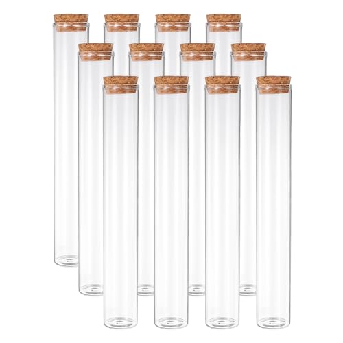 PATIKIL 110ml Test Tubes, 12pcs 7.87x1.18 Glass Clear Flat Bottom Test Tube Containers with Cork Stopper for Bead Party Candy Bath Salt Storage Scientific Experiment Plant Propagation - size: 110ml