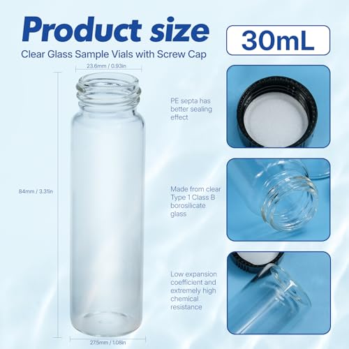 30mL Glass Sample Vial, 24mm Screw Cap with PE Liner, 100-Pack - size: 30ml