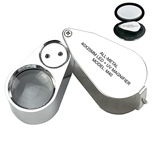 Pineapple 40X Jewelers Loupe with Light, UV Lighted Magnifying Glass Eye Loop, LED Illuminated Metal Pocket Magnifier for Jewelry, Currency, Plants, Coins, Diamonds, Stamps