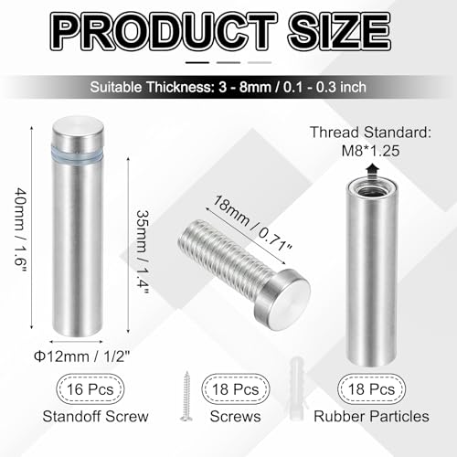 PATIKIL 1/2x1.6" Standoff Screws, 16 Pack Stainless Steel Stand Off Wall Mounts Wall Sign Mounting Hardware Advertising Standoff Nail for Hanging Acrylic Signs Picture Frame, Silver - size: 1/2x1.6"