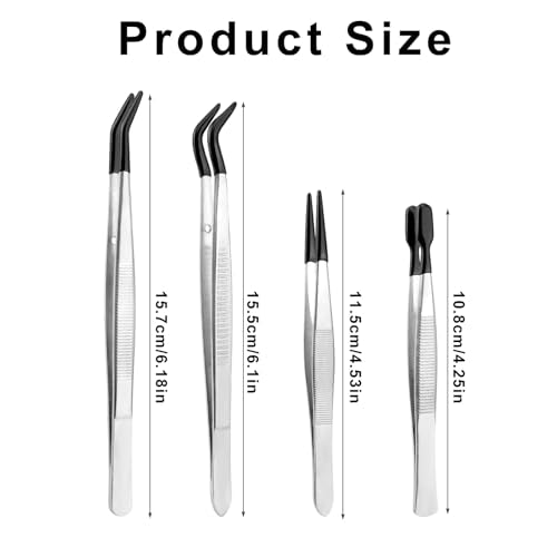 4pcs Rubber Tip Tweezers Set, Stainless Steel Precision Craft Tweezers Anti-Static Rubber Fine Flat & Bent Tip Tweezer for Crafts Jewelry Making Electronics Model Laboratory Work Lashes (Set 2) - style: Set 2