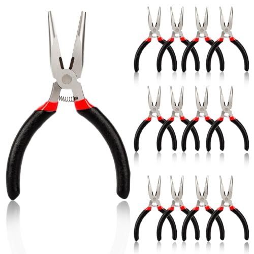 12 Pack 5" Needle Nose Pliers Set, Mini Long Nose Pliers with Serrated Clamps & Side Cutter for Jewelry Making, Electronics Repair, Wire Bending, and Crafting (Black)