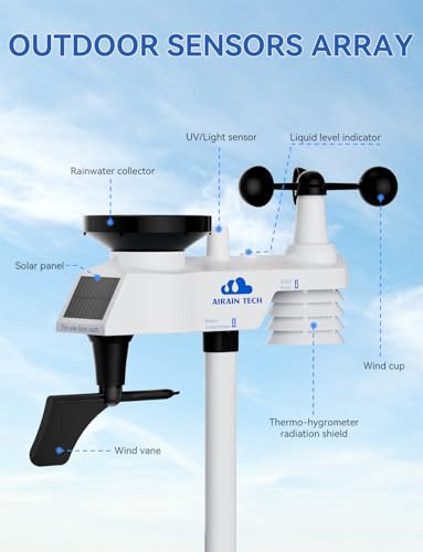 Wireless Weather Station with Outdoor Sensor, Rain Gauge, Wind Speed, Direction, Temperature & Humidity, Moon Phase, Chill Index, Dew Point, and Barometric Pressure (No WiFi).