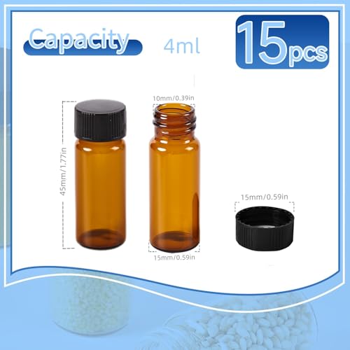 15 PCS 4ML Amber Small Liquid Sample Glass Vials with Screw Caps,1Dram 15x45mm Leak-Proof Vial, 13-425 Black Screw Cap with PE Liners for Lab, Essential Oil, Perfume, Reagents - size: 4ML(15*45mm)