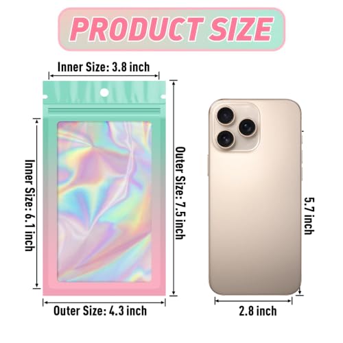 100 Pack Mylar Holographic Bags,Clear Window Foil Bag Seal Pouch Resealable Baggie with Zipper,Packaging Bag for Food Storage,Lash,Jewelry,Business Supplies-Green Pink 4.3x7.5in - color: Green Pink, size: 4.3x7.5 Inch