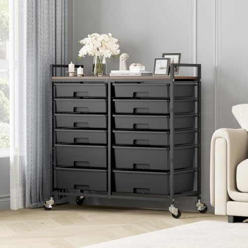TOOLF 12 Drawers Rolling Storage Cart with Wooden Top for Classroom, Black - color: Black