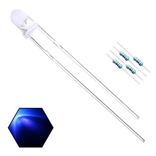 100pcs 3mm 395-400nm UV Ultraviolet LED Light Emitting Diode Clear Round Lens 29mm Long Lead (DC 3V) LEDs Lights +100pcs Resistors (for DC 6-12V) Included, Bright Bulb Lamps - color: [11] Purple (Uv) / 100pcs, style: [A] 3mm Constant Light