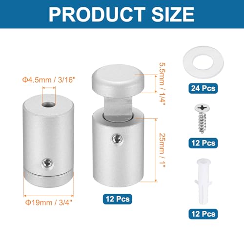 MECCANIXITY 12pcs Side Clamp Standoffs, 3/4" x 1" Silver Aluminum Standoff Screws Wall Sign Mounting Hardware Edge Grips for Acrylic Signs, Hanging Picture Frame, Advertising - color: Silver, size: 3/4" x 1"