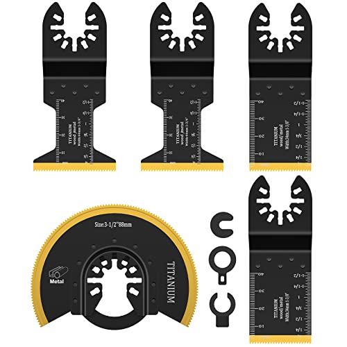 JTWEB 5PCS Titanium Oscillating Saw Blades Kit, Titanium Oscillating Multitool Blades for Metal Wood Nails Screws and Hard Material Cutting, Quick Release Oscillating Tool Blades fit Multiple Models - color: 5Pcs/kit