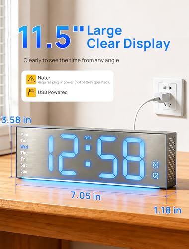 MASHI 11.5" Digital Wall Clock with Alarm,Timer,Remote Control，Auto-Dimming