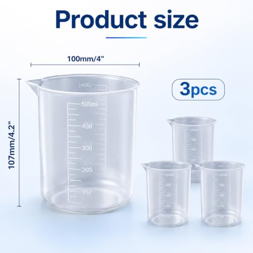 Plastic Beakers, 3 PCS 500ml/17 Oz Oz Measuring Cups for Liquid Clear Graduations Mixing Cup Small Measuring Beaker Cup for Painting Kitchen Lab