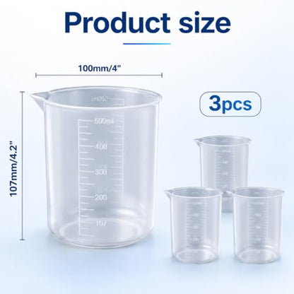 Plastic Beakers, 3 PCS 500ml/17 Oz Oz Measuring Cups for Liquid Clear Graduations Mixing Cup Small Measuring Beaker Cup for Painting Kitchen Lab