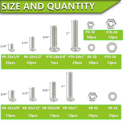 351Pcs #6-32#8-32#10-24 Machine Screws Nuts and Bolts Assortment Kit,Phillips Pan Head Assorted 304 Stainless Steel Bolts Nuts Flat Washers Bolt with Case
