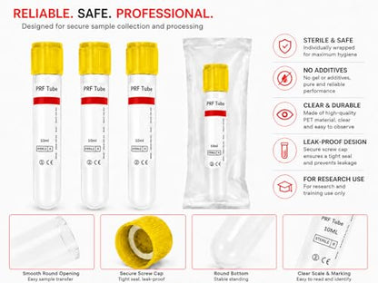 10mL Sterile No Additive PET Sample Processing Tubes, Yellow Cap, Individually Wrapped Clear Lab Tubes for Research and Training (10-Pack)