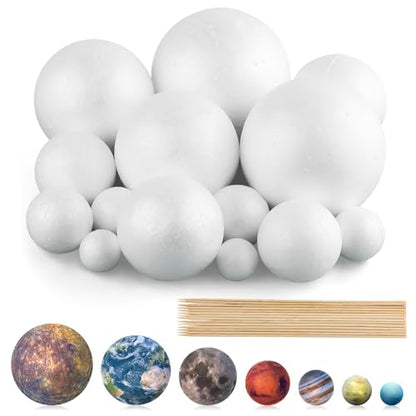40PCS Solar System Model Kit, 20 Mixed Sized White Polystyrene Spheres Balls Foam Balls, with 20 Pieces 24 cm Long Bamboo Sticks for Kids School Science Projects DIY Planet Crafts