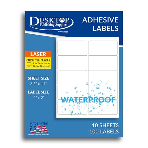 100 Printable Waterproof Labels - 4" x 2" - 10 Sheets (10 Per Page) - Blank Polyester Weatherproof Shipping/Bottle Labels for Laser Printers - size: 10 Sheets / 100 Labels