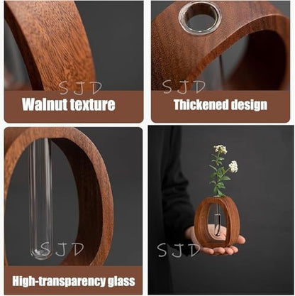 Walnut Wood Glass Flower Vase with Test Tubes | Modern Hydroponic Planter for Fresh Cut Flowers | Handcrafted Tabletop Decor for Home, Office, Farmhouse Style (Small) - size: Small