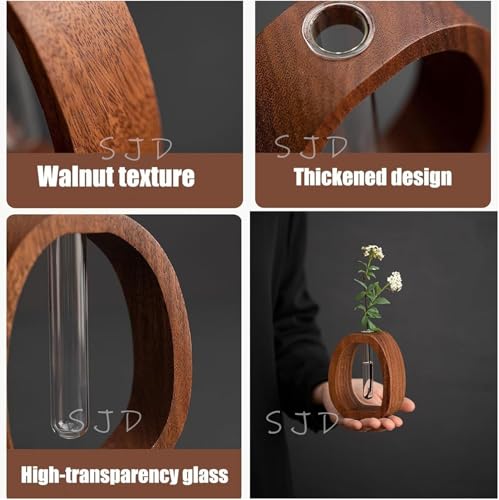 Walnut Wood Glass Flower Vase with Test Tubes | Modern Hydroponic Planter for Fresh Cut Flowers | Handcrafted Tabletop Decor for Home, Office, Farmhouse Style (Large) - size: Large