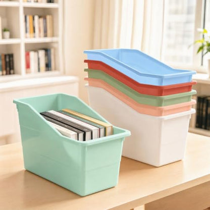 12 Pack Book Bins for Classroom Stackable Plastic Storage with Labels - color: Macaron