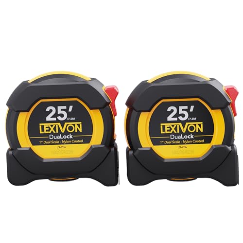 LEXIVON [2-Pack] 25Ft/7.5m DuaLock Tape Measure | 1-Inch Wide Blade with Nylon Coating, Matt Finish White & Yellow Dual Sided Rule Print | Ft/Inch/Fractions/Metric (LX-202) - size: 25 ft 2-Pack