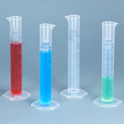 QWORK 25 ml Plastic Measuring Cylinders, 10 Pieces Lab-Tested Graduated Cylinders with Hexagonal Base
