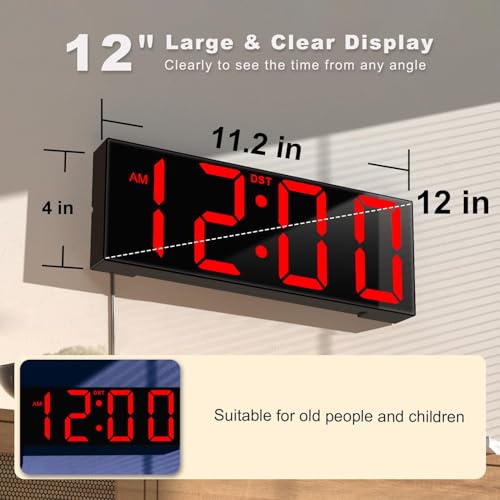 JALL Digital Wall Clock Large Display with Big LED Numbers, Remote Control, 8 RGB Colors, Auto DST, Night Light for Classroom Living Room Bedroom Birthday Gift for Senior, Men Women, Red - color: Red, size: 12 inches