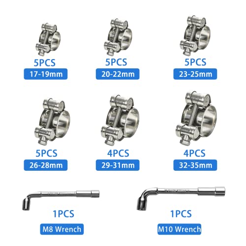 T-bolt Hose Clamps, PEROMI 28pcs 6 Size Heavy Duty Radiator Hose Clamps Assortment Kit-Size Range 17-35mm, 304 Stainless Steel Pipe Tube Clamps for Automotive Fuel Lines Radiator Hoses Turbo Intake - size: Assortment Kit 17-35mm(0.67"-1.38")