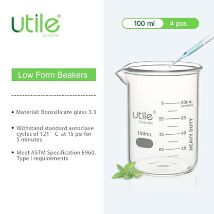 Utile 100ml Beaker Set, 4pcs of 3.4oz Upgraded Thickening Glass Beakers, Low Form Chemical Lab Beakers, Borosilicate 3.3 Glass with Printed Graduation, 4000.0100.4 - style: 100 ml (4pcs)
