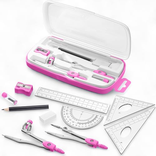 Zonon 10 Pcs Math Geometry Set for Student Compass Protractor, Pink - color: Pink
