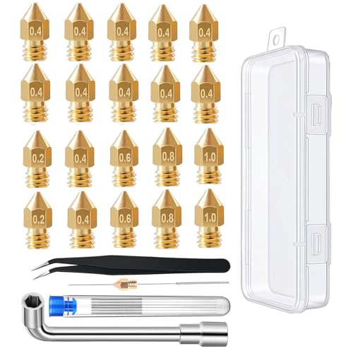 3D Printer Nozzle Kit: 20PCS High Precision MK8 Brass Nozzles (0.2/0.4/0.6/0.8/1.0mm) with Socket Wrench, 10PCS 0.4mm Cleaning Needles & Tweezers for CR-8 / CR-10 / Ender 3 / Ender 3S / 5/6