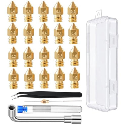 3D Printer Nozzle Kit: 20PCS High Precision MK8 Brass Nozzles (0.2/0.4/0.6/0.8/1.0mm) with Socket Wrench, 10PCS 0.4mm Cleaning Needles & Tweezers for CR-8 / CR-10 / Ender 3 / Ender 3S / 5/6