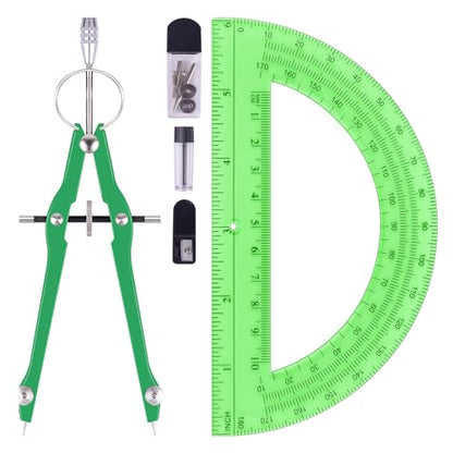Unjoo Compass and Protractor Set, Math Compass for Geometry (Green) - color: Green
