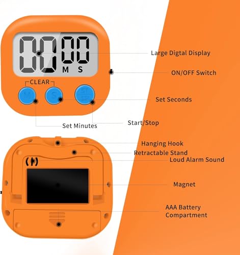 12 Pack Small Digital Kitchen Timer Magnetic Back and ON/Off Switch,Minute Second Count Up Countdown（White,Blue,Orange