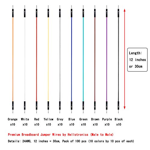 Breadboard Jumper Wires Male to Male 12'' Length 0.1'' Square Head 100-Pack 10 Colors 24AWG by Hellotronics (30CM, 1P M/M) - color: 1P Male-Male, 30CM, size: Length 12'' / 30CM