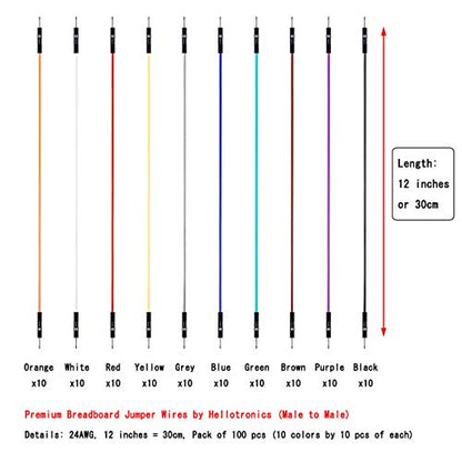 Breadboard Jumper Wires Male to Male 12'' Length 0.1'' Square Head 100-Pack 10 Colors 24AWG by Hellotronics (30CM, 1P M/M) - color: 1P Male-Male, 30CM, size: Length 12'' / 30CM