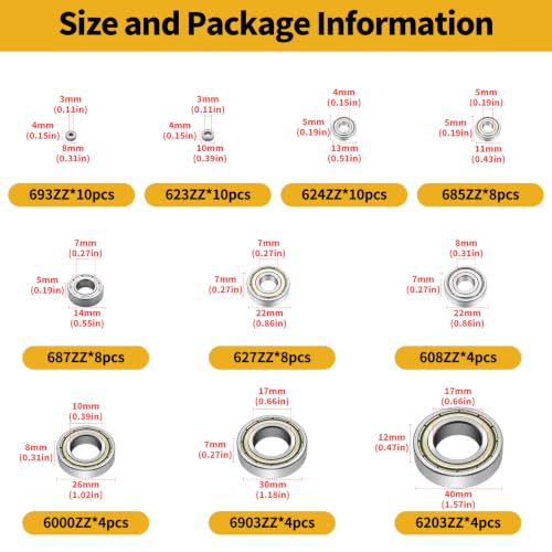 70Pcs Ball Bearings Assortment Kit, 693ZZ 623ZZ 624ZZ 685ZZ 687ZZ 627ZZ 608ZZ 6000ZZ 6903ZZ 6203ZZ Carbon Steel Deep Groove Bearing for 3D Printer, Skateboards, Furniture Wheel (10 Sizes)
