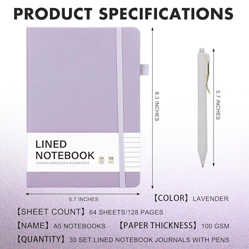 Aodaer 30 Set Lined Notebook Journals with Pens A5 Notebooks 100 GSM College Ruled Hardcover Notebook PU Leather Notepad with Pen Holder for Office School, 5.7 x 8.3 Inches, Lavender - color: Lavender