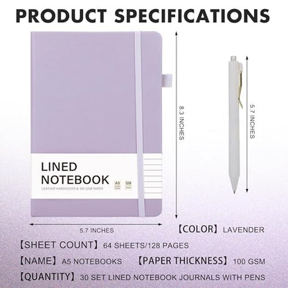 Aodaer 30 Set Lined Notebook Journals with Pens A5 Notebooks 100 GSM College Ruled Hardcover Notebook PU Leather Notepad with Pen Holder for Office School, 5.7 x 8.3 Inches, Lavender - color: Lavender