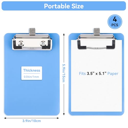 3.9x5.9in Mini Plastic Clipboards Fits 3.5x5.1in Sheets, Pack of 4 Portable Clip Boards Pen Holder Storage for Office Cafeteria Home, Sturdy Outdoor Working Supplies Board Lightweight for Use - color: Blue, size: 3.9x5.9in - Mini