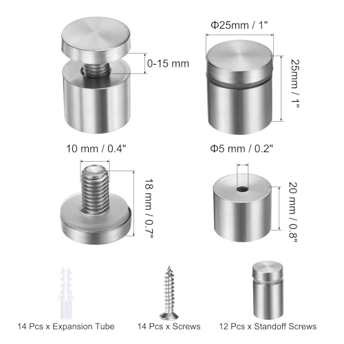 uxcell 12 Pcs 1" x 1" Standoff Screws Stainless Steel Wall Mount Sign Mounting Hardware Kit with 14pcs Screws for Hanging Acrylic Glass Signs Advertising Boards, Brushed Silver - color: Brushed Silver, size: 1" x 1"