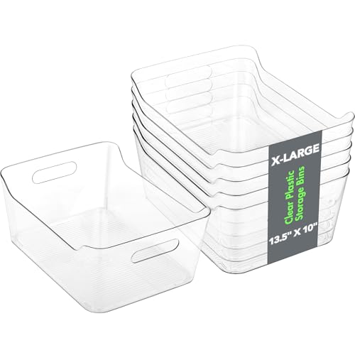 Tiawudi 6 Pack Plastic Storage Bins, Extra Large Pantry Organizer, 13.5" x 10" Clear Storage Containers and Organizer Bins, Multi-Use Bins for Home, Kitchen, Closet and Cabinet