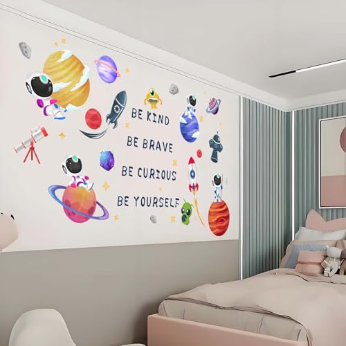 Outer Space Astronaut Wall Stickers - Be Kind Be Brave Inspirational Quotes Planets Rocket Boys Wall Decals - Baby Nursery Kids Room Daycare Wall Decor - color: Outer Space Quotes