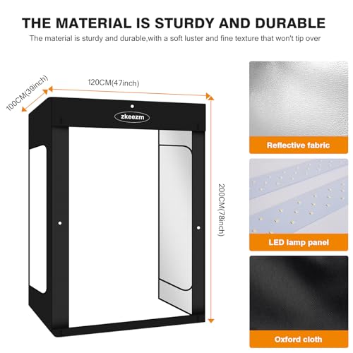 Professional Photography Studio LED Dimmable Large Shooting Tent 47x39x78 ZKEEZM Large Lightbox Photo Video Continuous Lighting Cube Shooting Tent Kit Soft Box with 3Colours Backdrops and Carrying Bag - size: 78 inches with 5600K