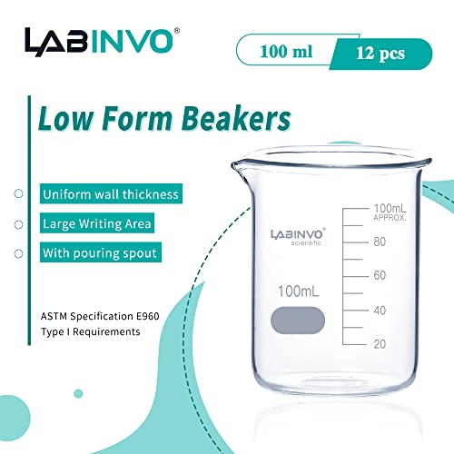 Low Form Graduated Glass Beaker, 12pcs of Vol.100ml, 3.3 Borosilicate Glass Beaker Set, IN-BKL100 - style: 12 PCS of 100 mL
