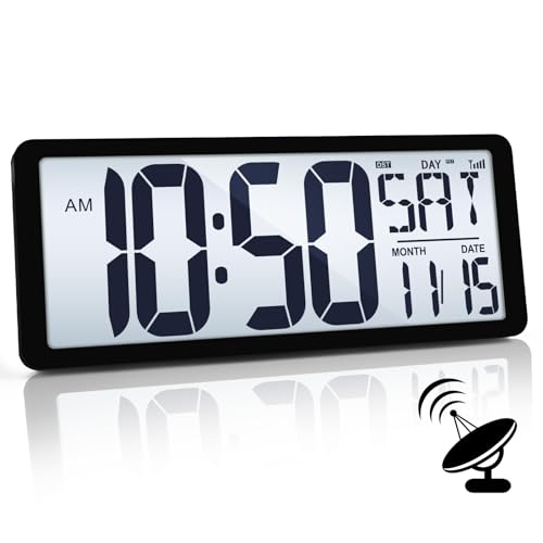 TXL Atomic Clock with Backlight, 14.2" Large Digital Wall Clock Battery Operated, Digital Clock Large Display with Day, Date & Temperature, Large Wall Clock for Bedroom, Livingroom, Office - color: Black Atomic Backlight-14.2in