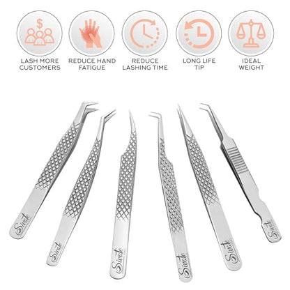 Eyelash Extension Tweezers Set of 6, Japanese Steel, Silver - color: Silver