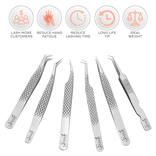 Eyelash Extension Tweezers Set of 6, Japanese Steel, Silver - color: Silver