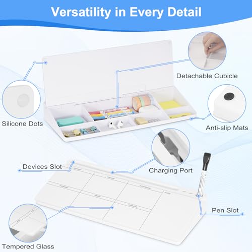 Desktop Glass Whiteboard with Storage, Weekly Calendar Desk White Board - color: Organizer-white Weekly Planner